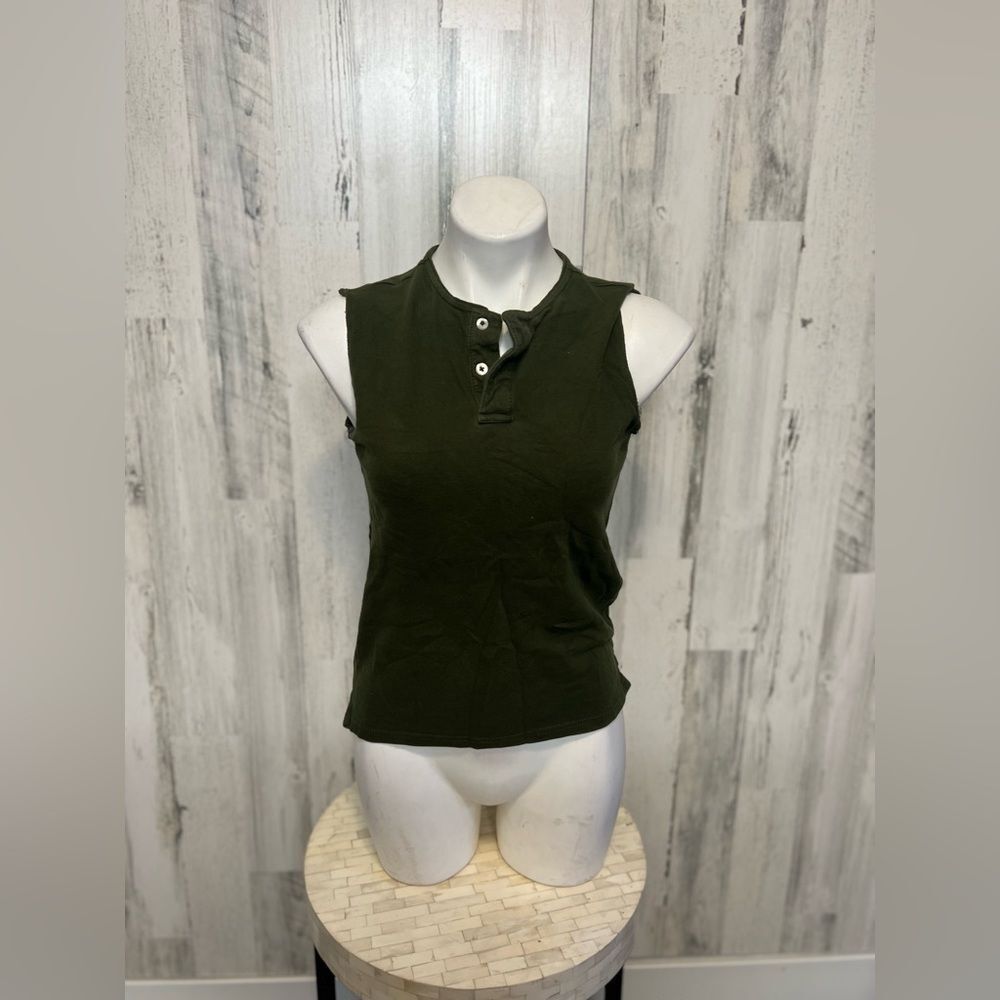 Olive Green Henley Tank Top Womens Size Large L Sleeveless Button Neck